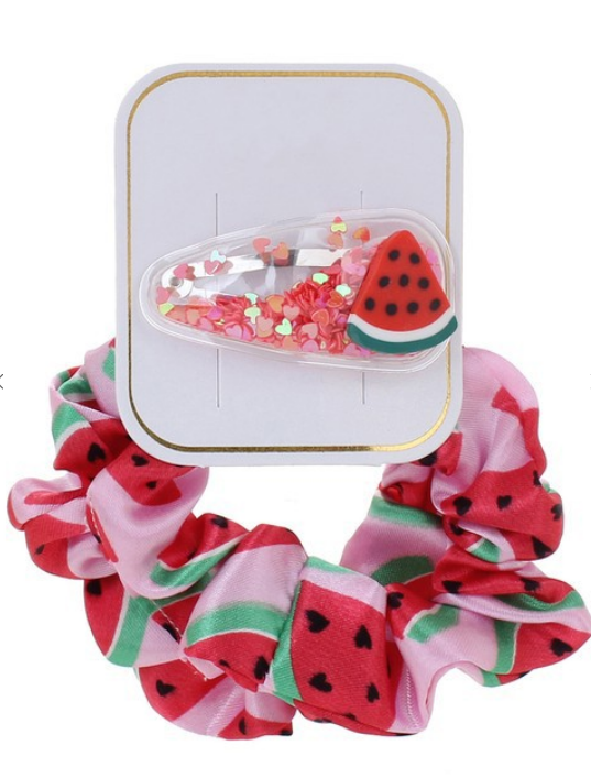 pink scrunchie, hair tie , watermelon,