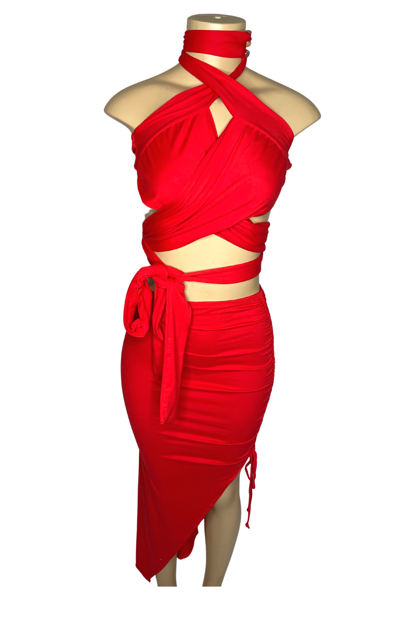 red, red oufit,stretchy oufit,skirt set,crop top,wrap around top,maxi skirt,matching,set,sets,red sets,yup she bad, yup she bad sets,valentines outfit, valentines day outfit,