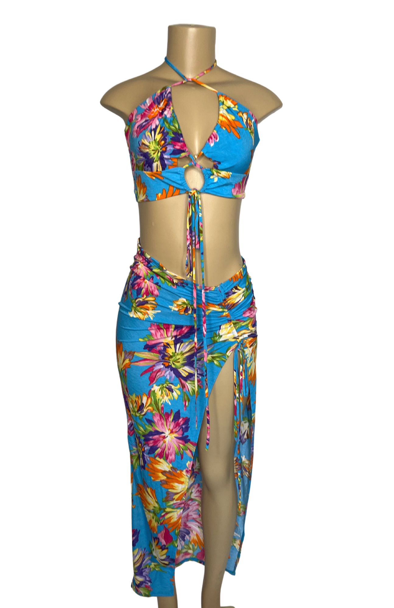 blue set,blue matching set,skirt set,sets,tropical clothes,beach oufit,beachclothes,party outfit,maxi skirt,rap around top,yup she bad skirt set,