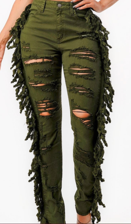 green , green jeans, fringe jeans, distressed jeans,